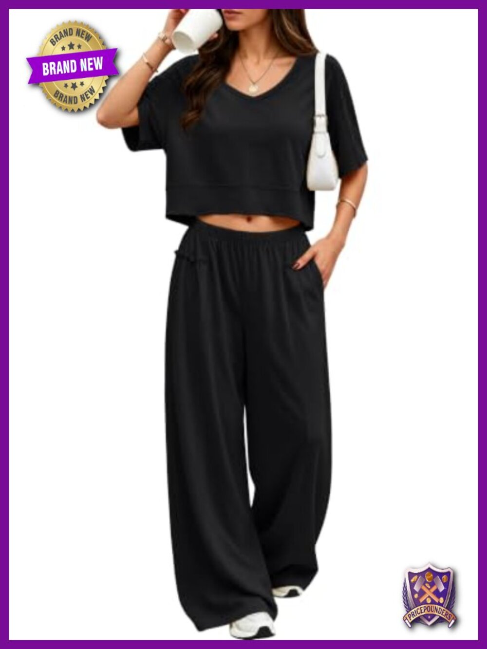 Womens 2 Piece Lounge Set V Neck Crop Top Wide Leg Pants Buttery Soft